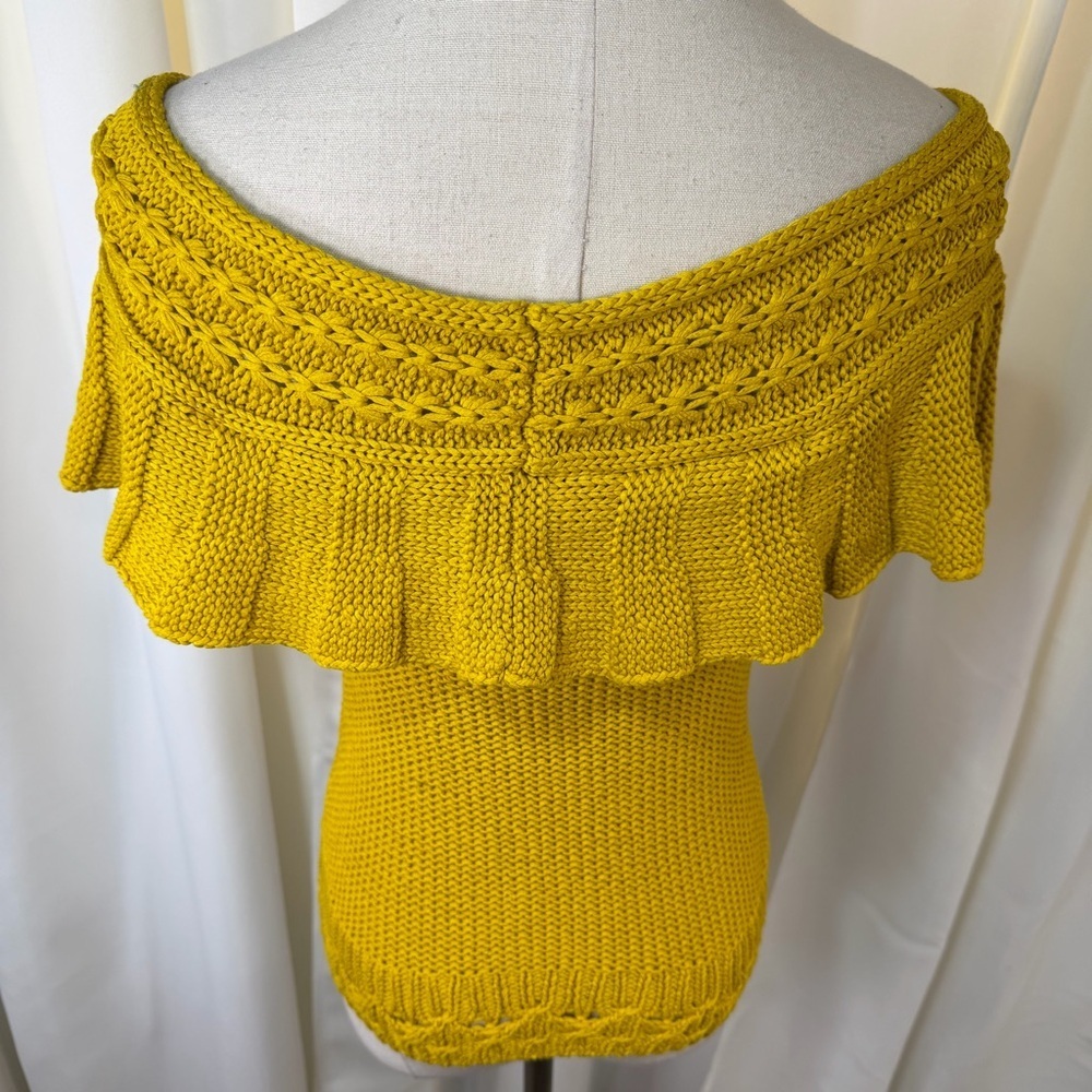 Anthropologie Mustard Yellow Ruffled Off-The-Shoulder Crocheted Sweater Size XS - Picture 10 of 16